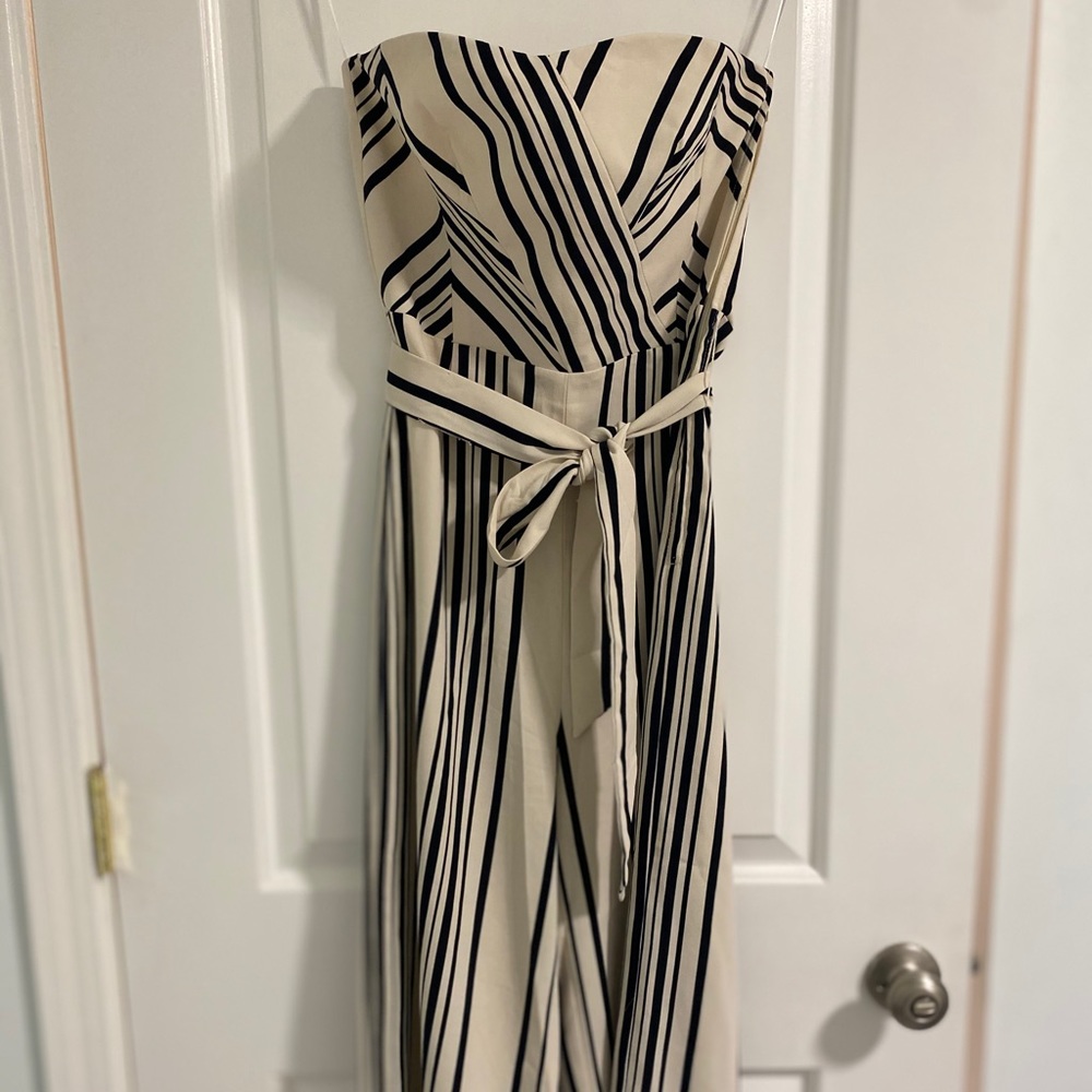 H&M cream and black striped strapless jumpsuit